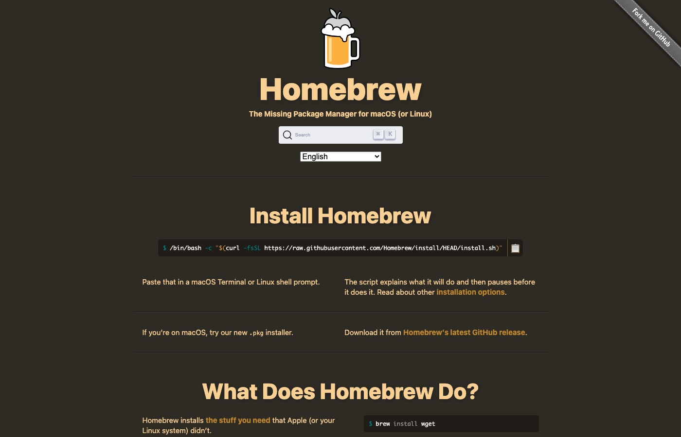 Homebrew website with the one-line install command