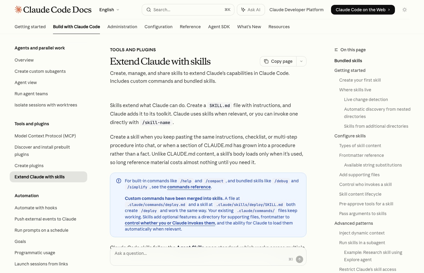 Claude Code skills documentation page